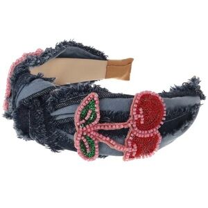Stylish Denim Headband with Cherry Bead Design